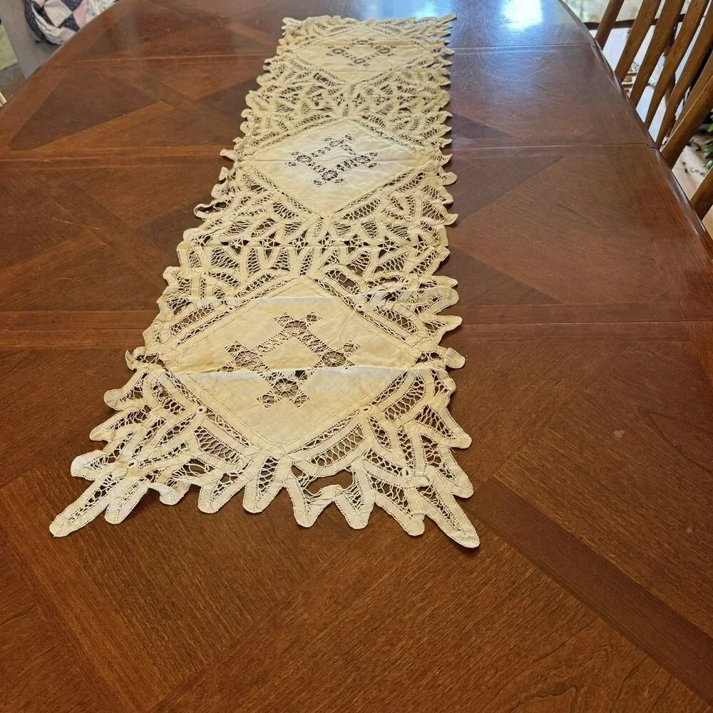 Antique Table Runner Dresser Scarf 50” X 15” Battenburg Lace hand stitched